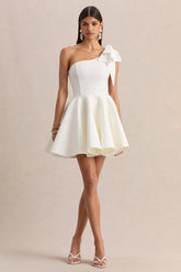 Prosperity | White Asymmetric-Neck Mini Dress With Bow Detail