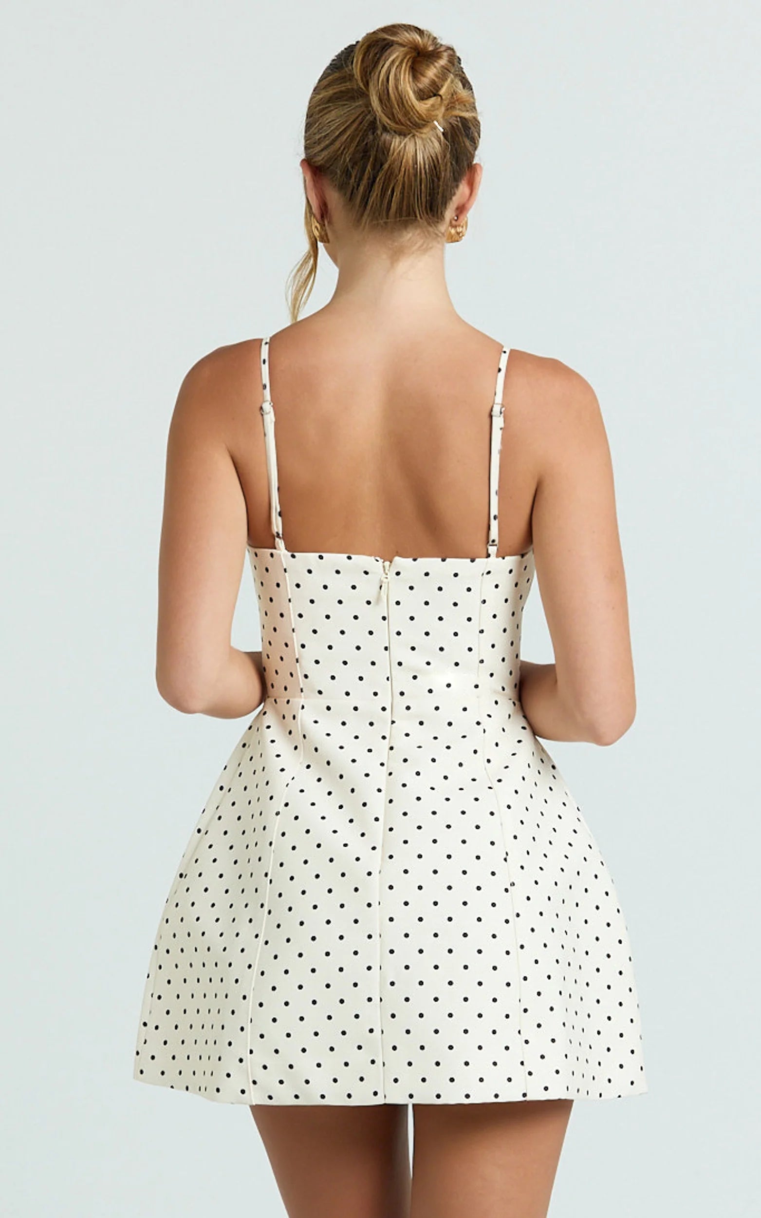 Scoop Neck Panel Bodice Dress in White Polka Dot