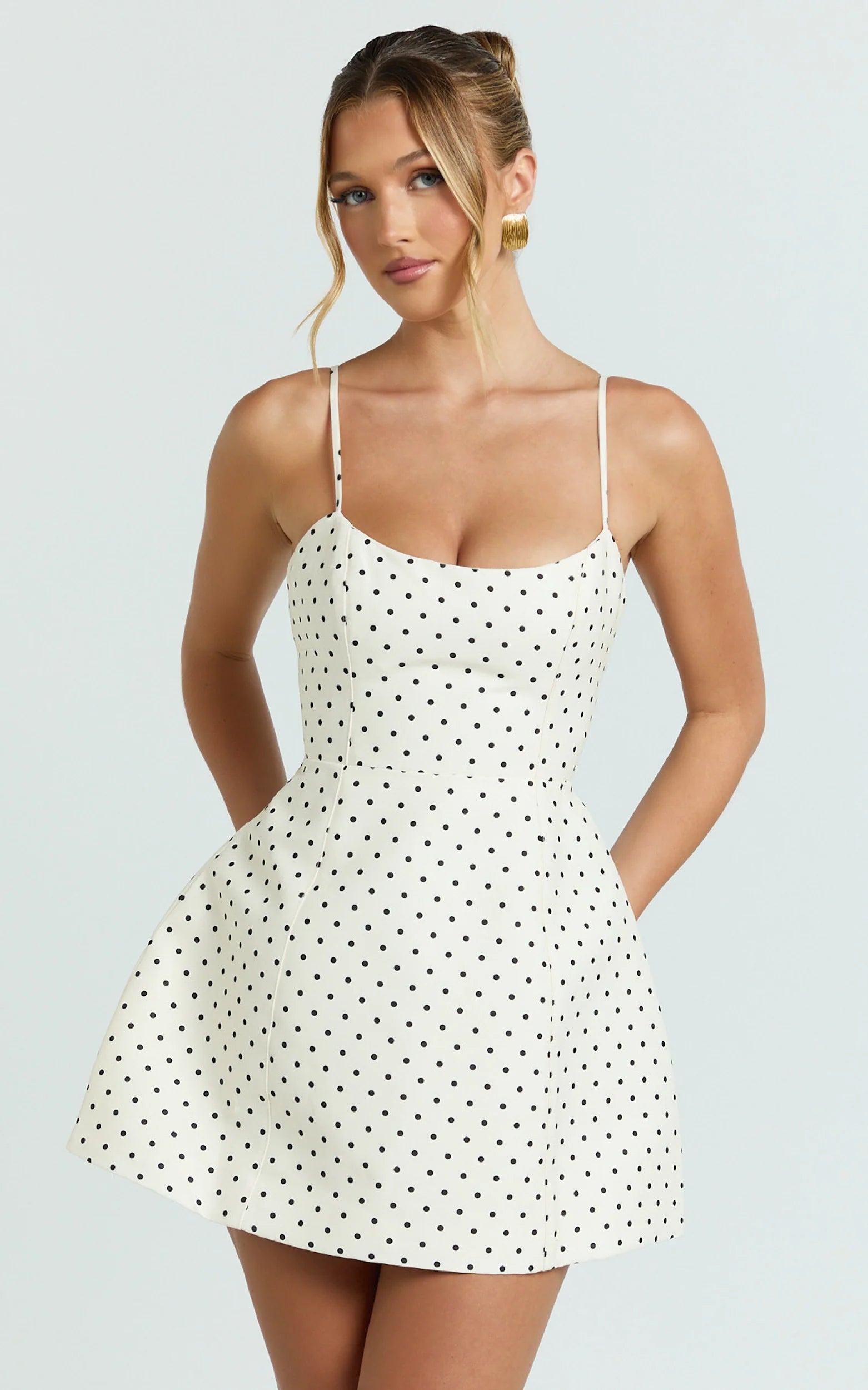 Scoop Neck Panel Bodice Dress in White Polka Dot