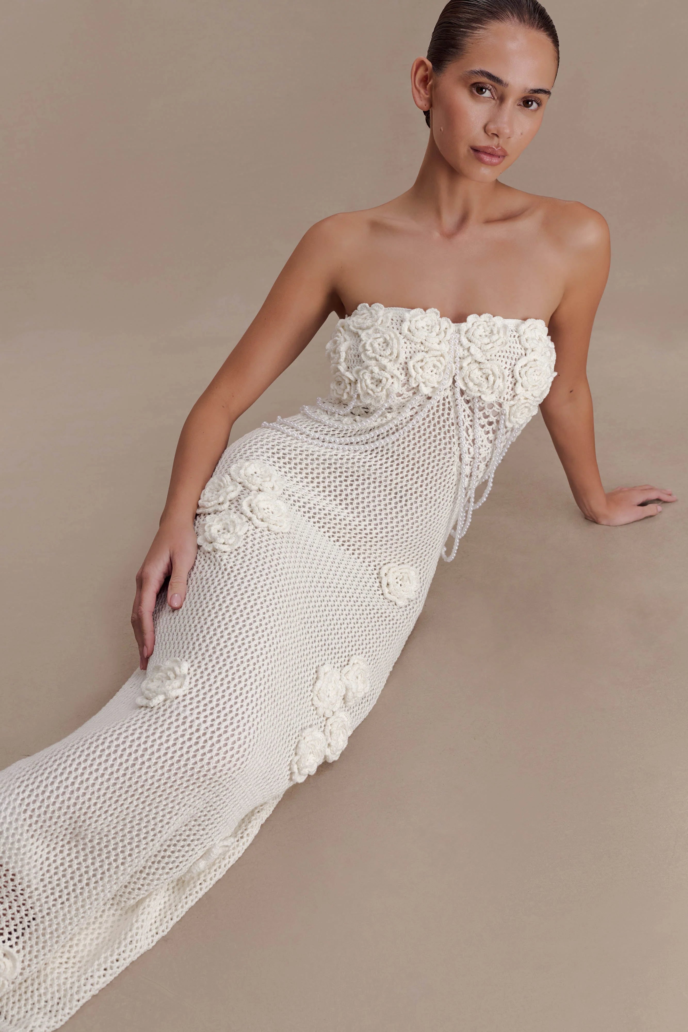 Samantha Crochet Midi Dress With Flowers - Ivory