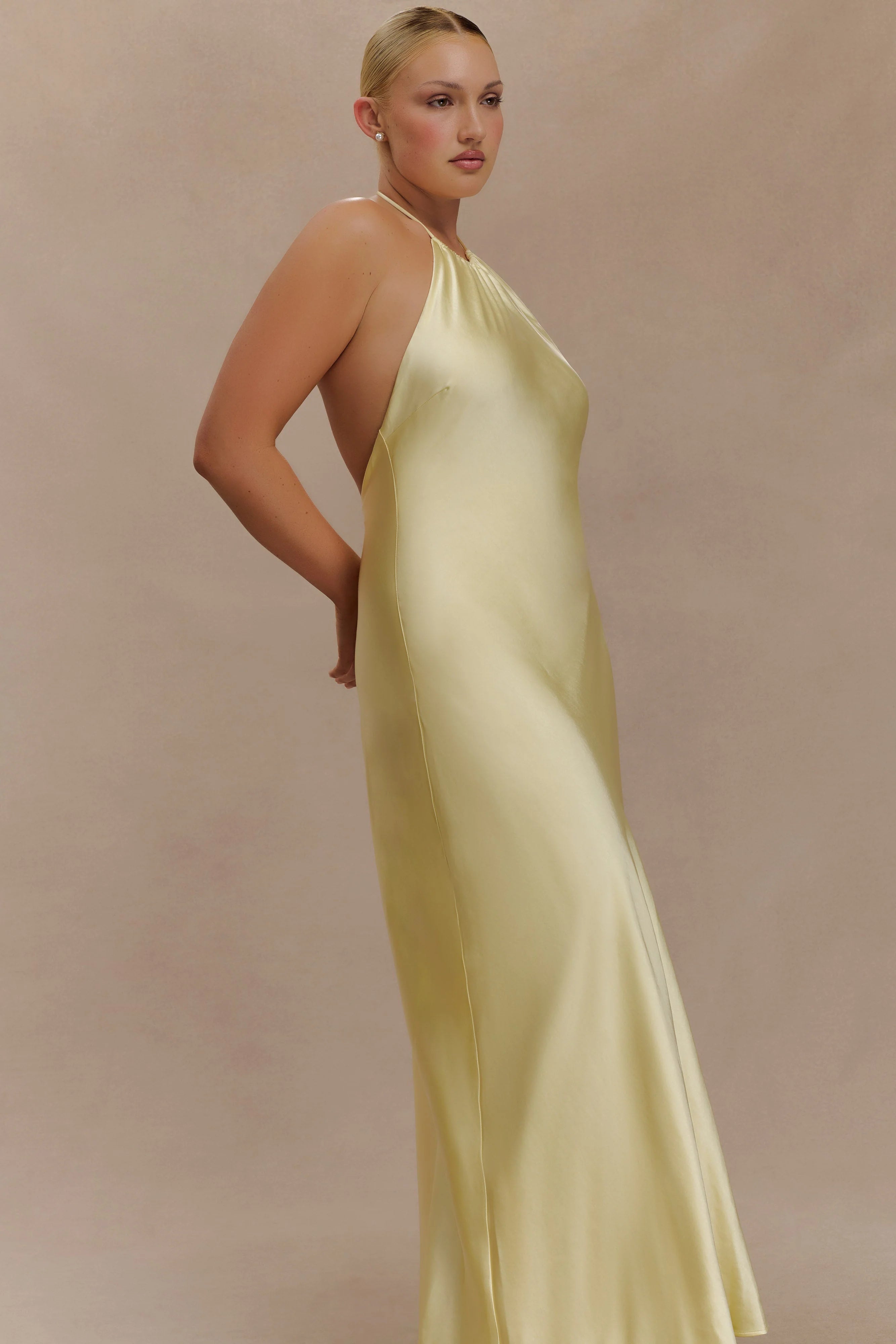 Bella Satin Halter Maxi Dress - Lemon